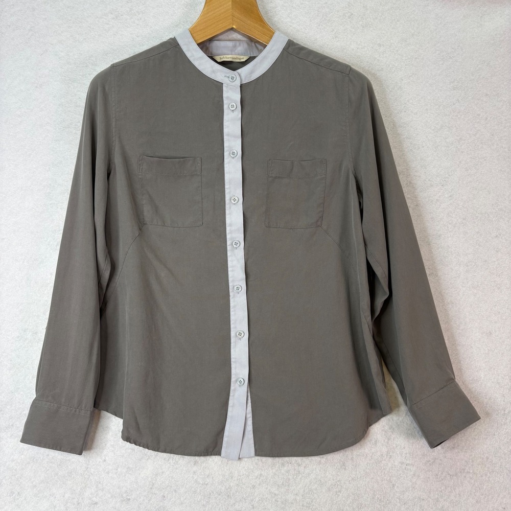 Soft Surroundings 100% Silk Mandarin Collar Gray Contrast Button Up Women M Luxe
